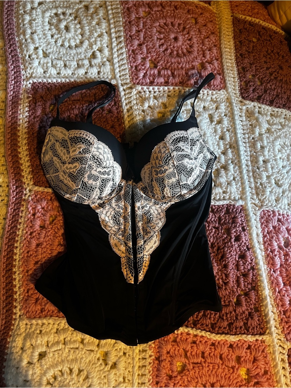 La SENZA Black Bustier with Light Pink Lace Overlay